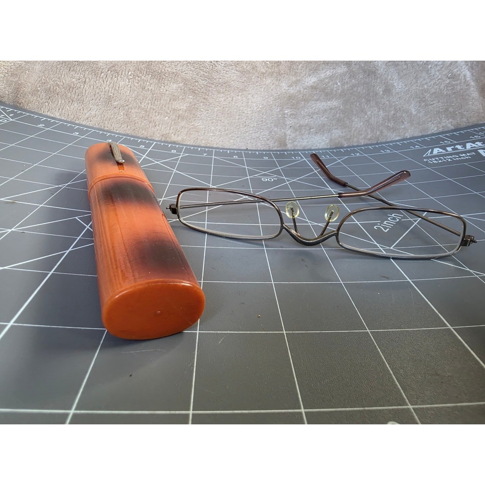 Vintage Slim Metal Frame Reading Glasses with Orange Mottled Hard Clip Case